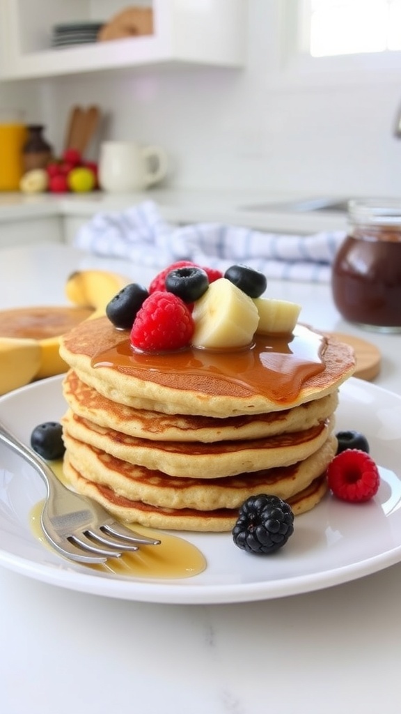 Weight Watchers 3-Ingredient Banana Oatmeal Pancakes Fluffy banana oatmeal pancakes topped with berries and honey on a white plate.